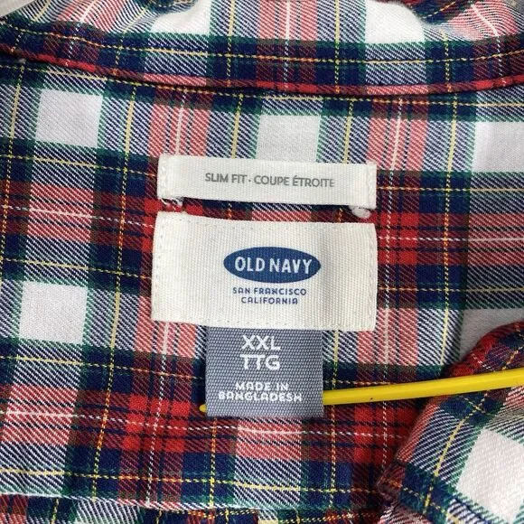 Old Navy Button Down Shirt Men XXL Red White Navy Blue Excellent Slim Fit Plaid - Picture 4 of 13